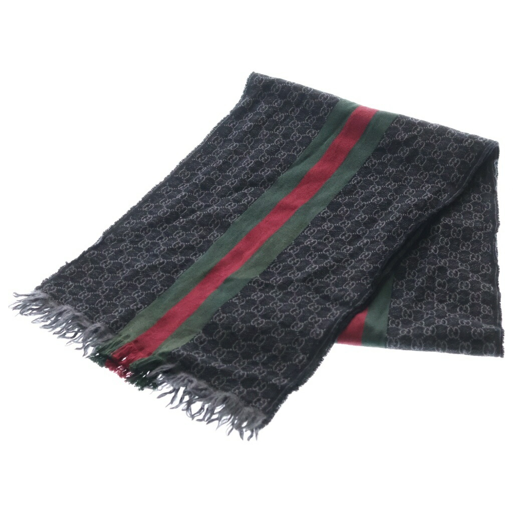 GUCCI(グッチ) シェリー酒 伝達ルート GG総柄 ジャかばい立て 地絹混 羊毛 フリンジマフラー 黒いこと 147351【中古】【度合いB】【色つや黒いこと】【オンライン押さえる商いもの】