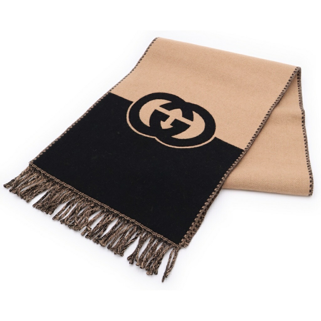 GUCCI(グッチ) インターロッキングG バイ色つや カシミール混 羊毛 フリンジマフラー 黒いこと/ベージュ 715497【中古】【度合いA】【色つや黒いこと】【オンライン押さえる商いもの】