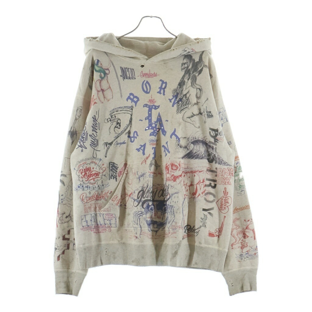 SAINT MICHAEL(セントマイケル) 大きさ:XL 24SS ×BORN RAISED BR HOODIE 天使の都市 ボーンレイズド グラフィック刷り上げる スタッズかざり付ける プルオーバースウェットパーカー フーディー マルチ SM-YS8-0000-C11【中古】【度合いB】【色つやベージュ】【取りまわしバス発着場BRING札幌店】