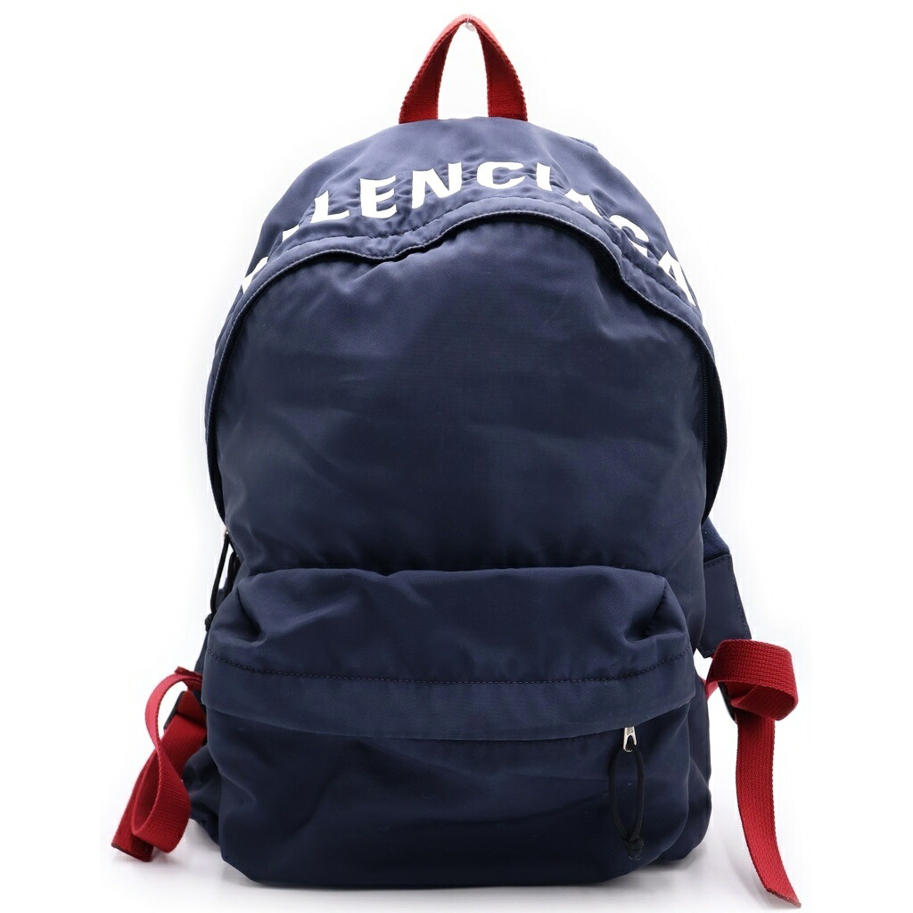 BALENCIAGA(バレンシアガ) ロゴ刺繍 リュックサック バックパック ネイビー×レッド ナイロン シルバー金具【中古】【程度B】【カラーネイビー】【取扱店舗BRING福岡天神店】|ブランド買取・販売 BRING