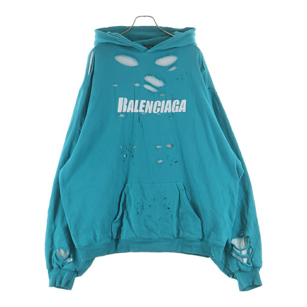BALENCIAGA(バレンシアガ) 大きさ:S 21SS デストロイ工業ロゴミディアムフリースプルオーバーパーカー 青碧 659403 TKVB6【中古】【度合いA】【色つや青碧】【取りまわしバス発着場BRING札幌店】