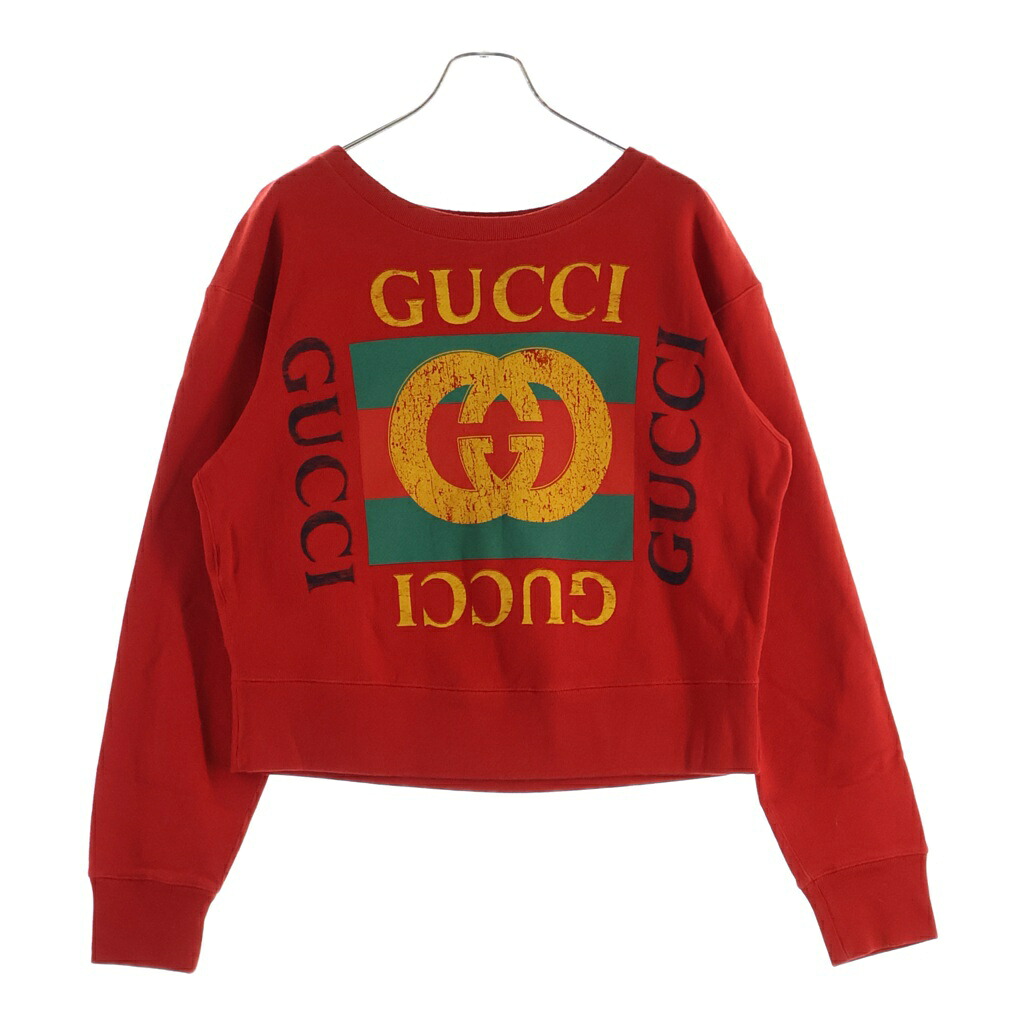 GUCCI(グッチ) 大きさ:M ヴィンテージロゴプリント ブルドッグ刺しゅう 労働者の一団のど首 ティーシャツ 汗水 調教師 赤いこと 502118【中古】【度合いB】【色つや赤いこと】【取りまわしバス発着場BRING心斎橋店】