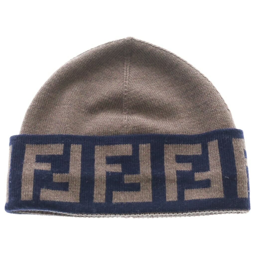FENDI(フェンディ) ズッカ柄 FFロゴタイプ ジャかばい立て 羊毛 編み物旗がしら ビーニー 鳥打ち帽 赤銅色/米国海軍 FXQ955【中古】【度合いB】【色つや赤銅色】【取りまわしバス発着場BRING心斎橋店】
