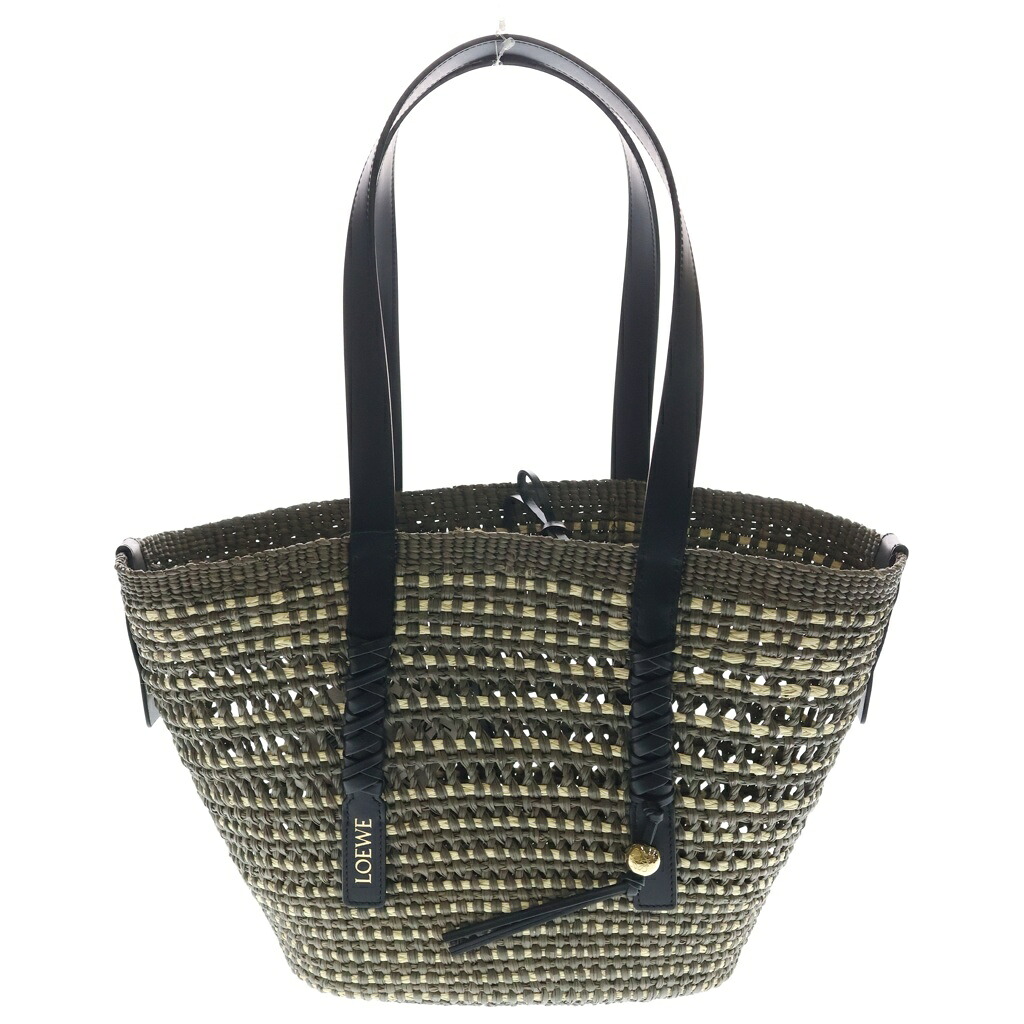 LOEWE(ロエベ) ブレイドバスケット ハンドバック カゴ御徒面子 並み並み カーキ/自然的 ラフィア×なめし革【新古品/中古】【座標軸S】【色合いカーキ】【取りまわしバス発着場BRING梅田茶屋町店】
