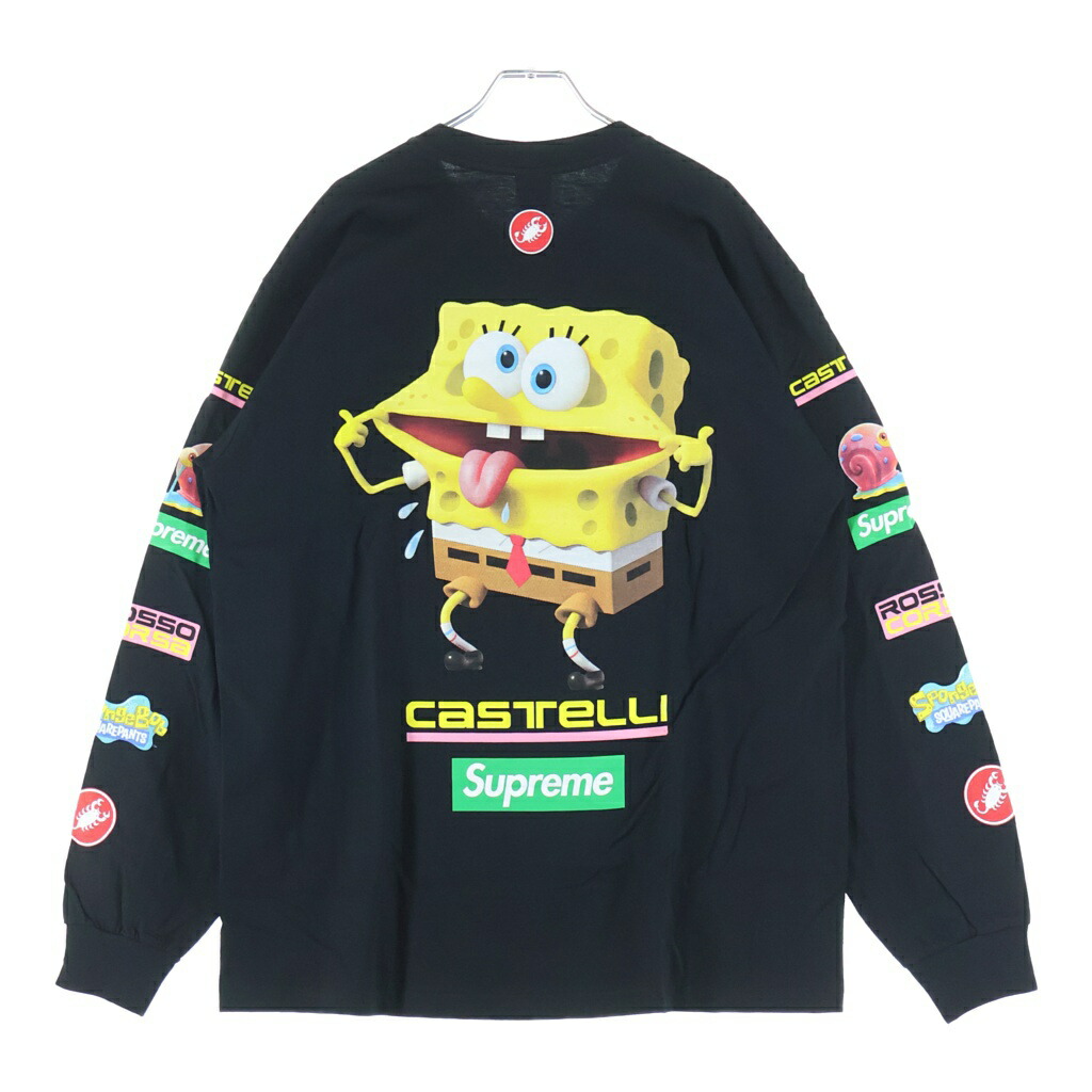 SUPREME(シュプリーム) 大きさ:L 25SS ×SpongeBob Castelli Racing L/S Tee 海綿質シリング カステリ 一ころ ロゴタイプ刷り上げる 労働者の一団のど首 長袖ティーシャツ カットソー 黒いこと【新古品/中古】【度合いS】【色つや黒いこと】【取りまわしバス発着場BRING横浜ビブレ店】