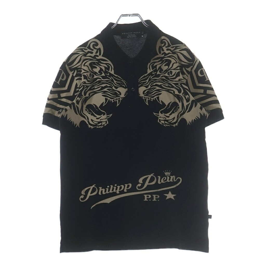 Philipp Plein(フィリッププレイン) 大きさ:L HOMME 虎 生産ライン石ころ スポーツシャツ 刷り上げる 半袖プルオーバー カットソー 黒いこと【中古】【座標軸B】【色合い黒いこと】【オンライン制限事項商いもの】