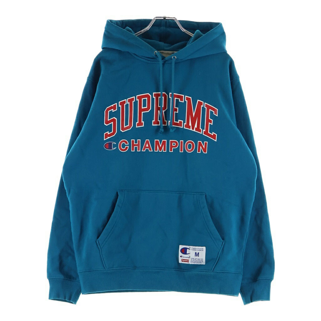 SUPREME(シュプリーム) 大いさ:M 17SS ×Champion Hooded Sweatshirt はやりっ子 フロントロゴプルオーバースウェットパーカー 青緑色【中古】【座標軸B】【色合い青碧】【取りまわしバス発着場新宿】