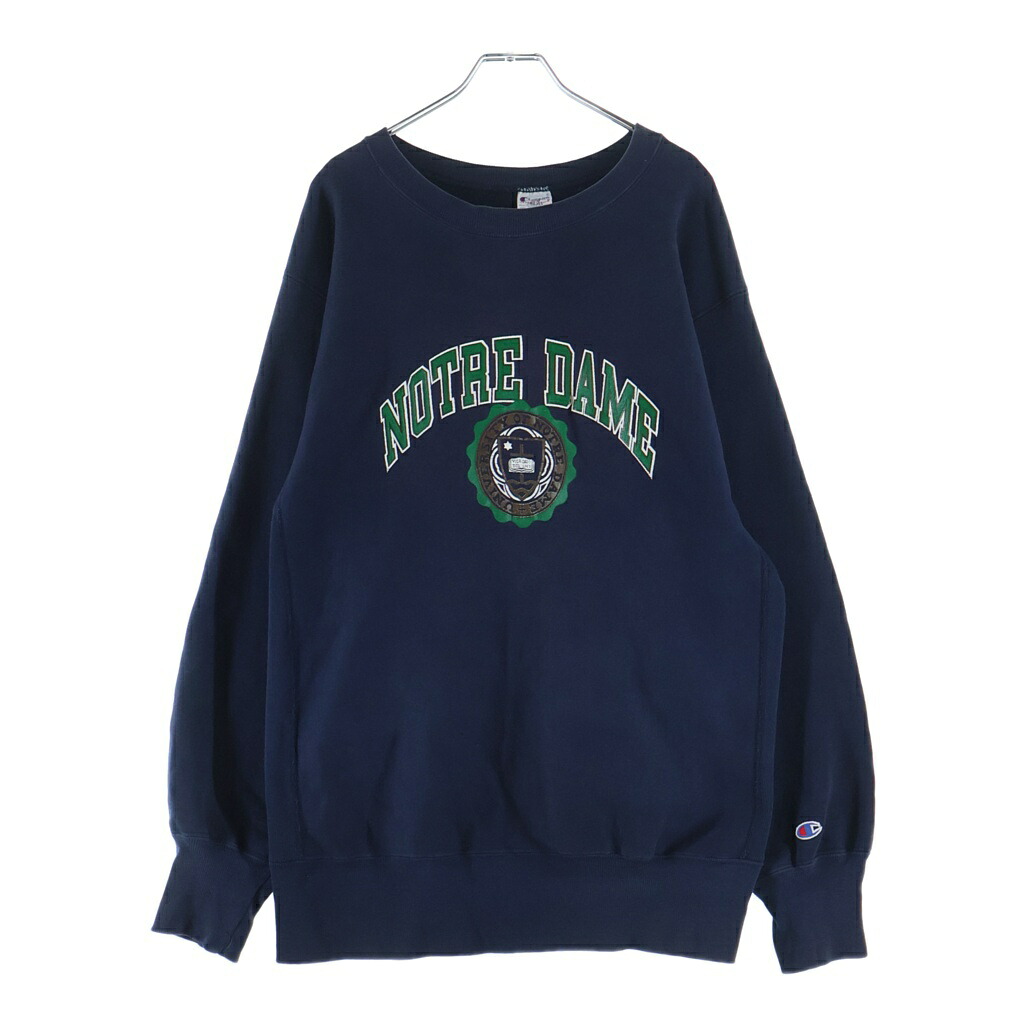 CHAMPION(はやりっ子) 大きさ:XL 90S VINTAGE Reverse Weave NOTRE DAM ヴィンテージ リバースウィーブ ノートルダム クルーネックスウェットトレーナー 米国海軍【中古】【座標軸B】【カラーネイビー】【取りまわしバス発着場AWESOME高円寺店】