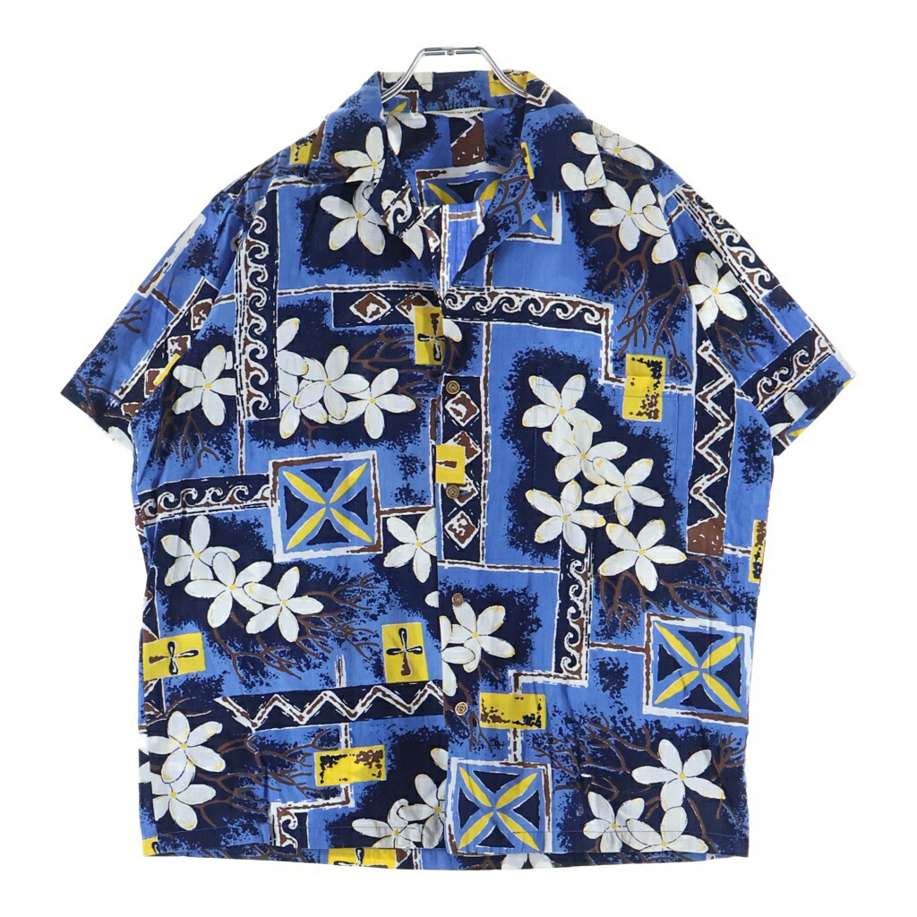 VINTAGE(ヴィンテージ) 60-70s Hawaiian Shirt ハワイアンプルオーバー アロハシャツ 半袖プルオーバー HAWAII製 銭名取り草 ３角形引き舟 青色【中古】【座標軸B】【色合い青色】【取りまわしバス発着場AWESOME高円寺店】