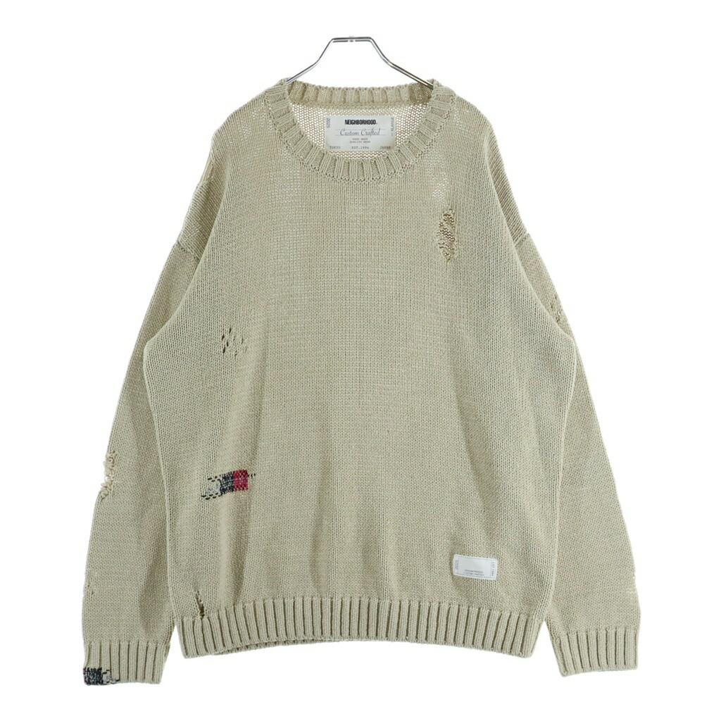 NEIGHBORHOOD(ネイバーフッド) 大きさ:XL SAVAGE CREWNECK SWEATER 251FUNH-KNM03 サベージ クルーネックダメージ工業 長袖編み物プルオーバー 象牙色【中古】【度合いA】【色つやベージュ】【取りまわしバス発着場BRING福岡天神店】