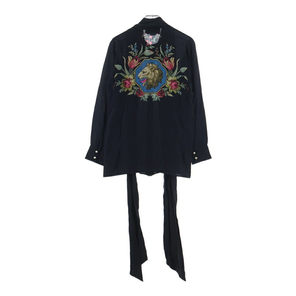 GUCCI(グッチ) 大きさ:38 Silk Shirt パール名取り草 地絹長袖プルオーバー トップ 黒いこと レディース 467085 ZJP13【中古】【度合いA】【色つや黒いこと】【取りまわしバス発着場BRING京都河原町店】