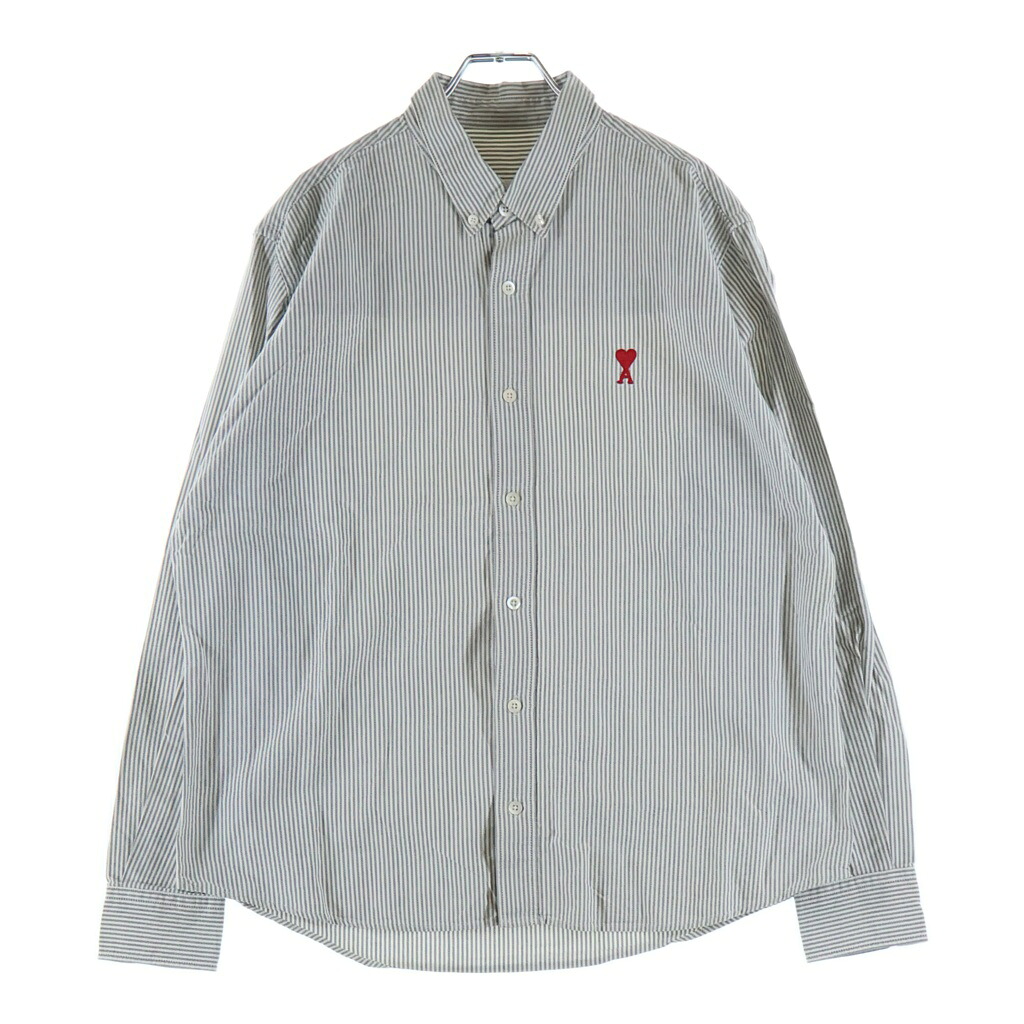 AMI Alexandre Mattiussi(アミアレクサンドルマテュッシ) 大きさ:41 L/S Shirt ハート型ロゴタイプ刺しゅう 縞模様長袖プルオーバー 薄墨色 BFHSH113.471【中古】【度合いA】【色つや薄墨色】【取りまわしバス発着場原宿】