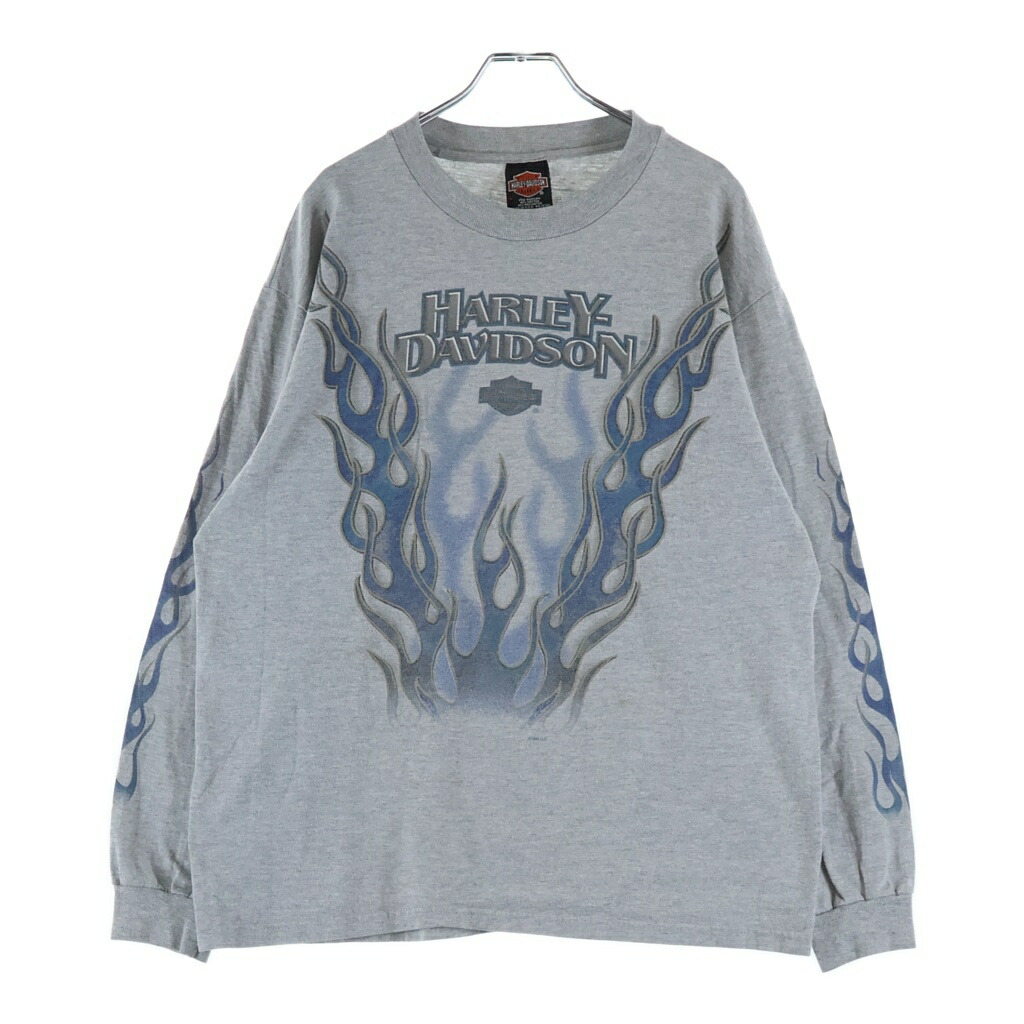 HARLEY DAVIDSON(ハーレーダビッドソン) 大いさ:L 90s VINTAGE BLUE FLAME L/S TEE ブルーフレイム 袖刷り上げる 長袖ティーシャツ カットソー ロンT 薄墨色【中古】【座標軸B】【色合い薄墨色】【取りまわしバス発着場AWESOME原宿店】