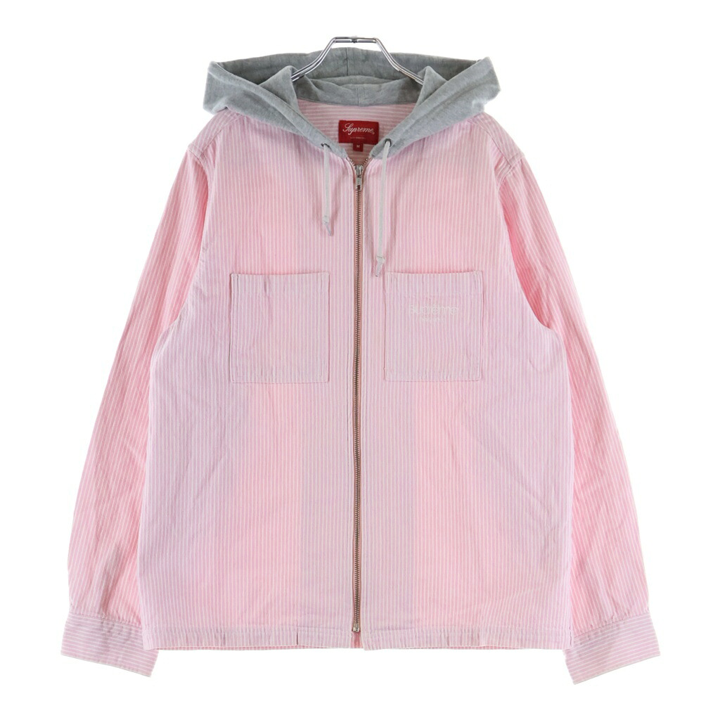 SUPREME(シュプリーム) 大いさ:M 17AW Hooded Stripe Denim Zip Up Shirt ジップアップストライプフーデットデニムジャケット サクラ色/薄墨色【中古】【座標軸B】【色合いサクラ色】【取りまわしバス発着場新宿】