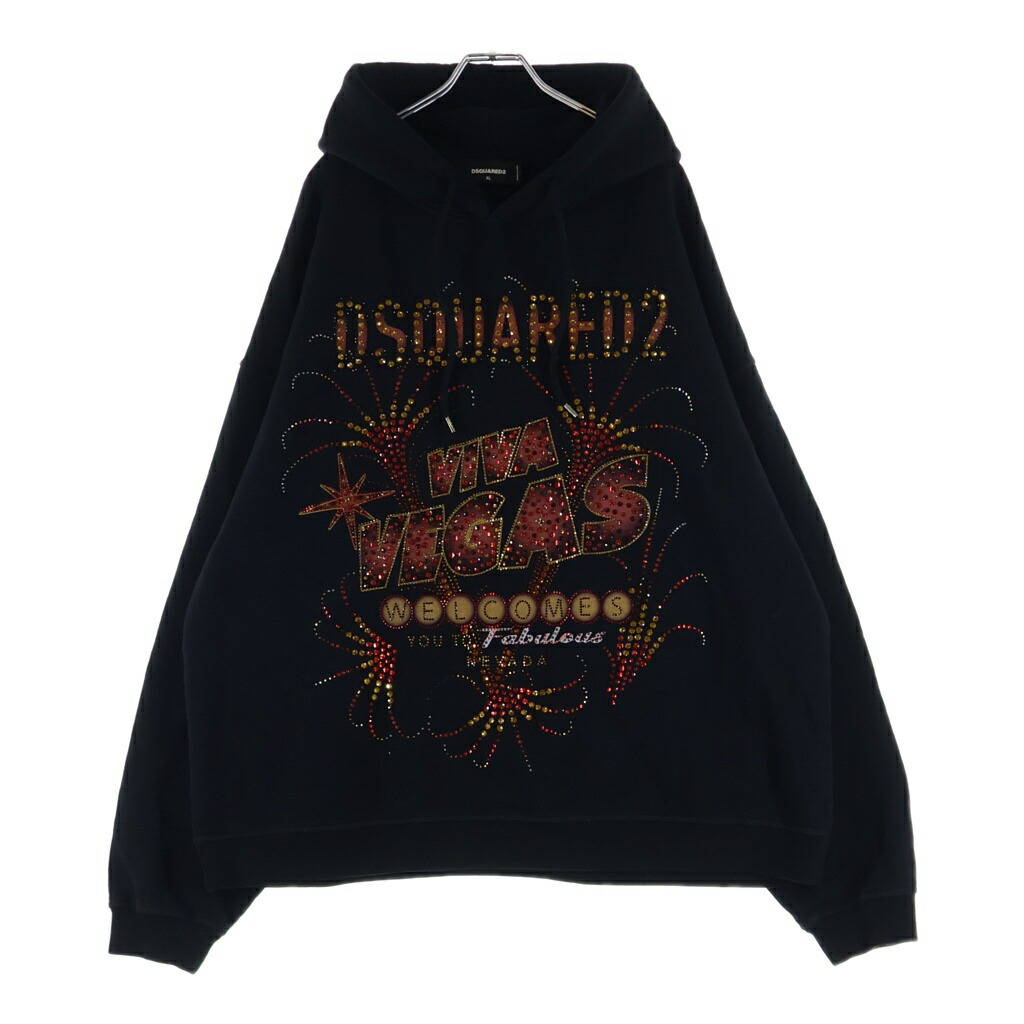 DSQUARED2(ディースクエアード) 大いさ:XL 伝達ルート石ころかざり付ける ティーシャツパーカー フーディー 黒いこと【中古】【座標軸B】【色合い黒いこと】【取りまわしバス発着場BRING横浜ビブレ店】