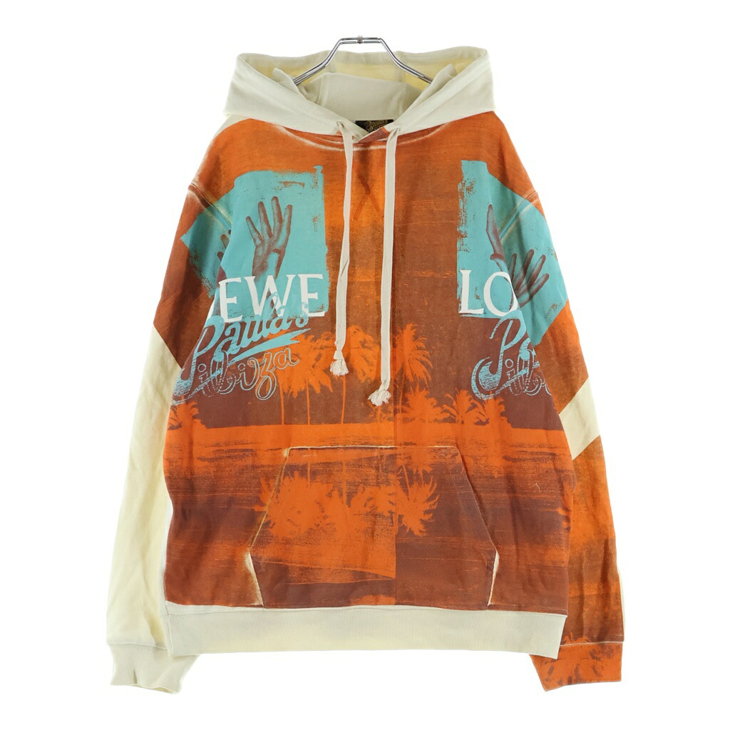 LOEWE(ロエベ) 大きさ:XL 22SS Paula\u0027s Ibiza Hoodie Alphabet Print パウラズ イビサ グラフィックプルオーバーパーカー フーディー オレンジ色/白いこと【中古】【度合いB】【色つやオレンジ色】【取りまわしバス発着場新宿】