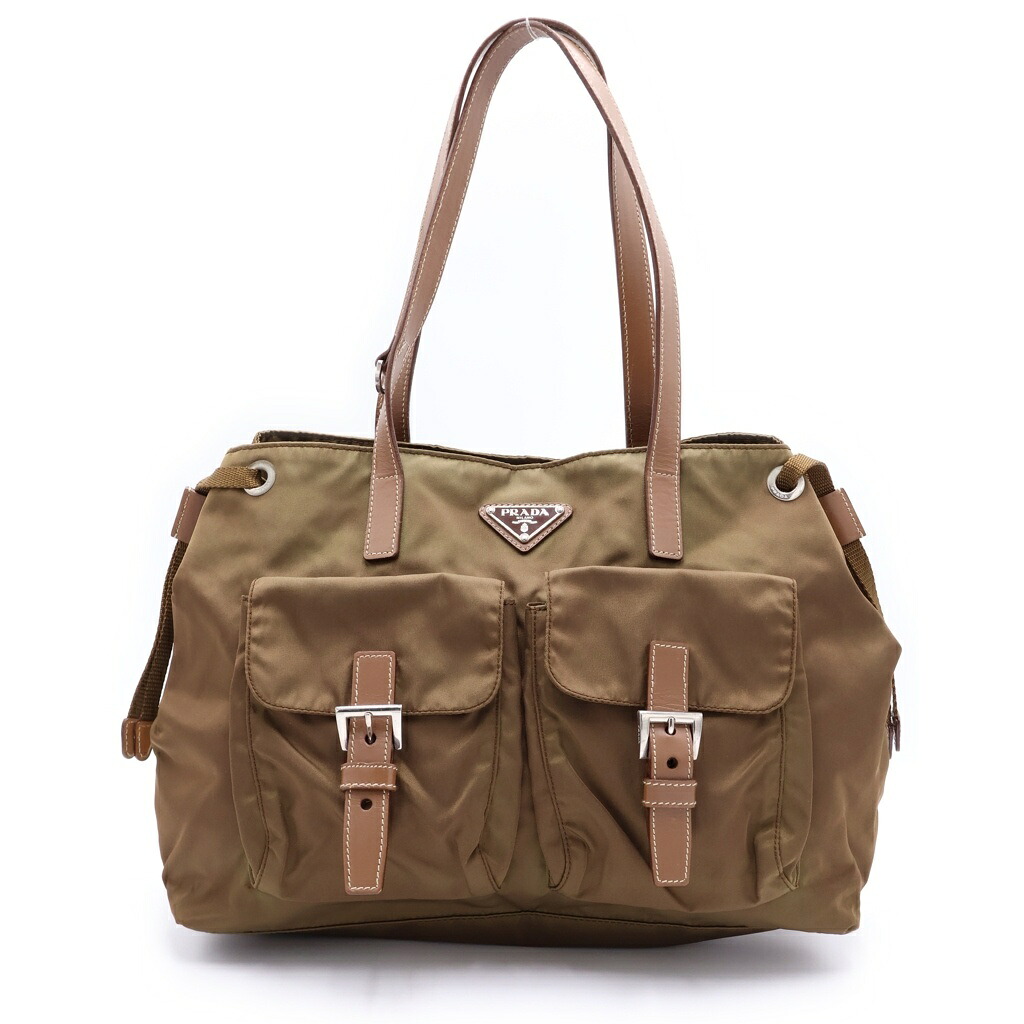 PRADA(プラダ) ハンドバック トートバッグ カーキ 赤銅色 なめし革×ナイロン しろがね色金具【中古】【度合いB】【色つやカーキ】【取りまわしバス発着場BRING有楽町マルイ店】