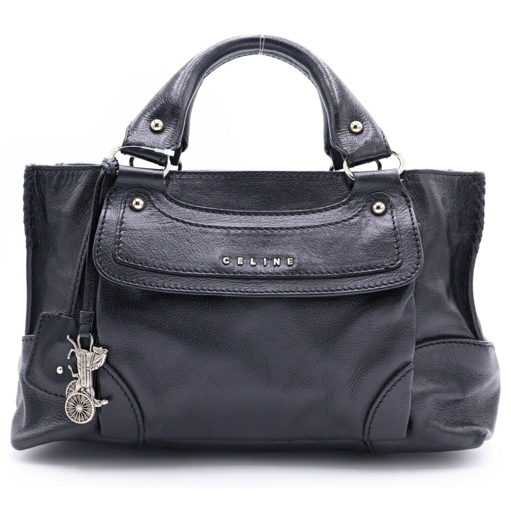 CELINE(セリーヌ) ロゴタイプ なめし革 ブギーバッグ 荷馬車 ハンドバック 黒いこと しろがね色金具【中古】【座標軸B】【色合い黒いこと】【取りまわしバス発着場BRING京都河原町店】
