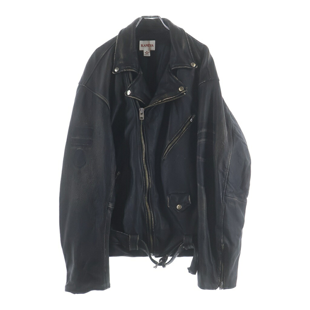 KAMIYA(カミヤ) 大きさ:M Distressed Leather Biker Jackt デストロイ なめし革 バイ鉄道車両 上衣 ライダース ダブル 黒いこと G16BL011【中古】【度合いB】【色つや黒いこと】【取りまわしバス発着場AWESOME高円寺店】