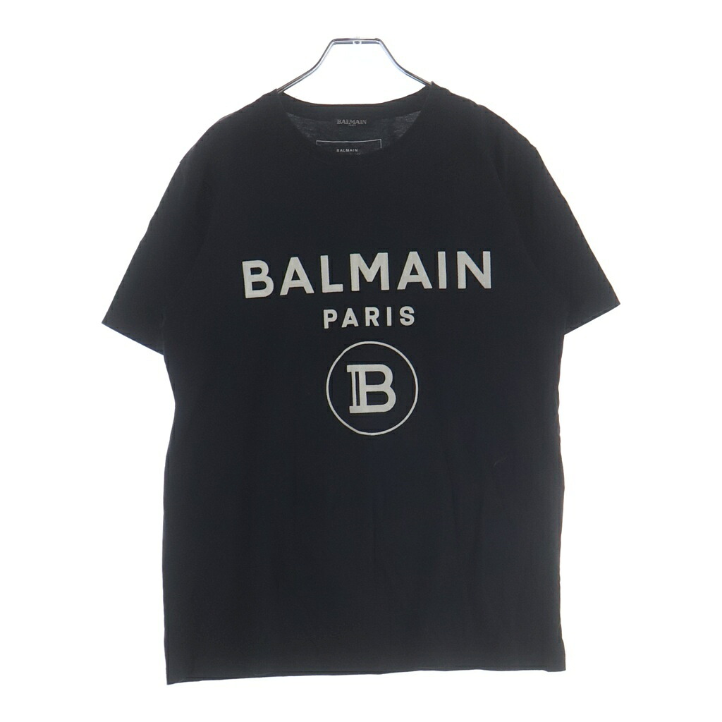 BALMAIN(バルマン) 大きさ:M ロゴフロッキープリント 綿織物 半袖プルオーバー カットソー 黒いこと【中古】【座標軸B】【色合い黒いこと】【取りまわしバス発着場BRING横浜ビブレ店】