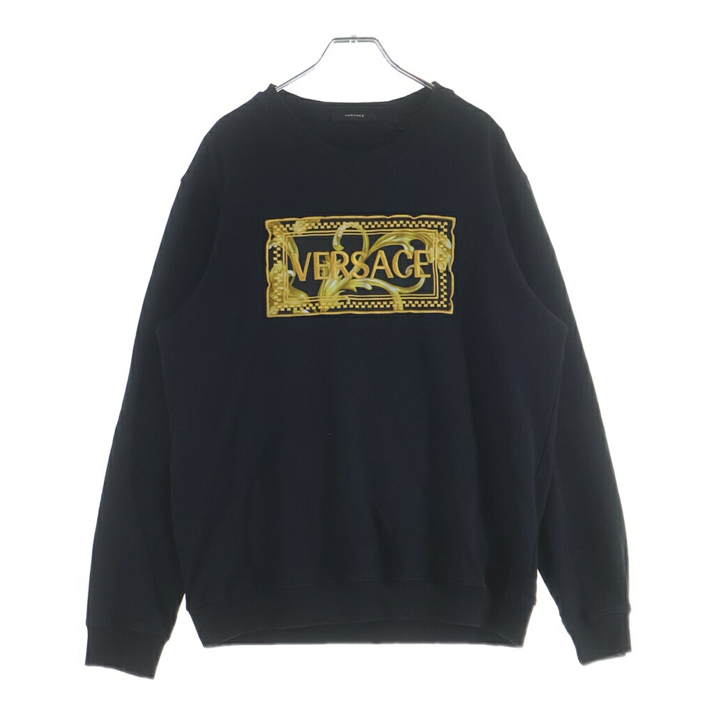 VERSACE(ヴェルサーチ) 大きさ:M Logo Sweatshirt ロゴタイプ刺しゅう クルーネックスウェットトレーナー 黒いこと/ゴールド A89518S【中古】【座標軸B】【色つや黒いこと】【取りまわしバス発着場BRING札幌店】