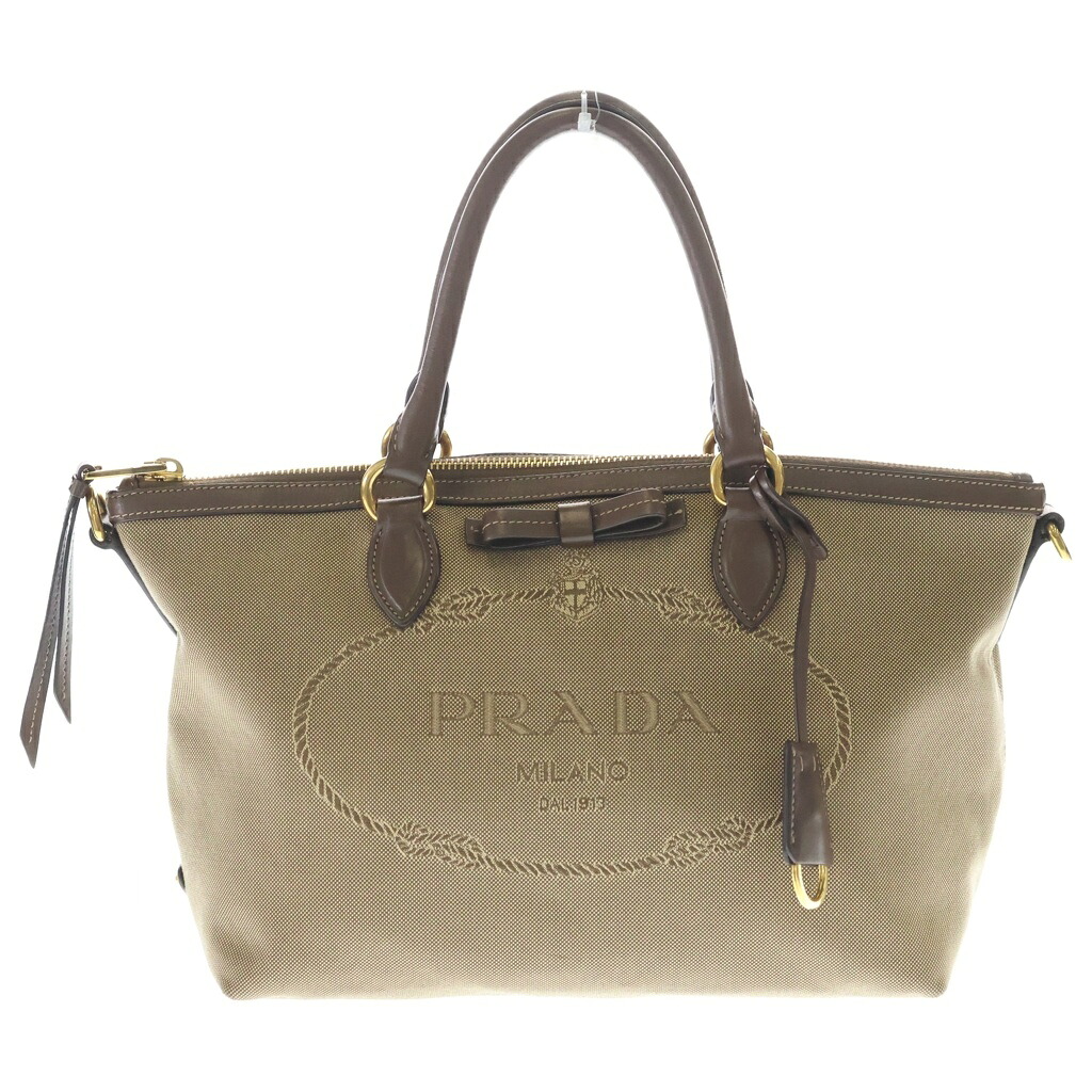 PRADA(プラダ) ロゴジャガード 帆布 なめし革 御手手 御徒面子 ベージュ 1BA579【中古】【座標軸B】【色合いベージュ】【取りまわしバス発着場BRING札幌店】