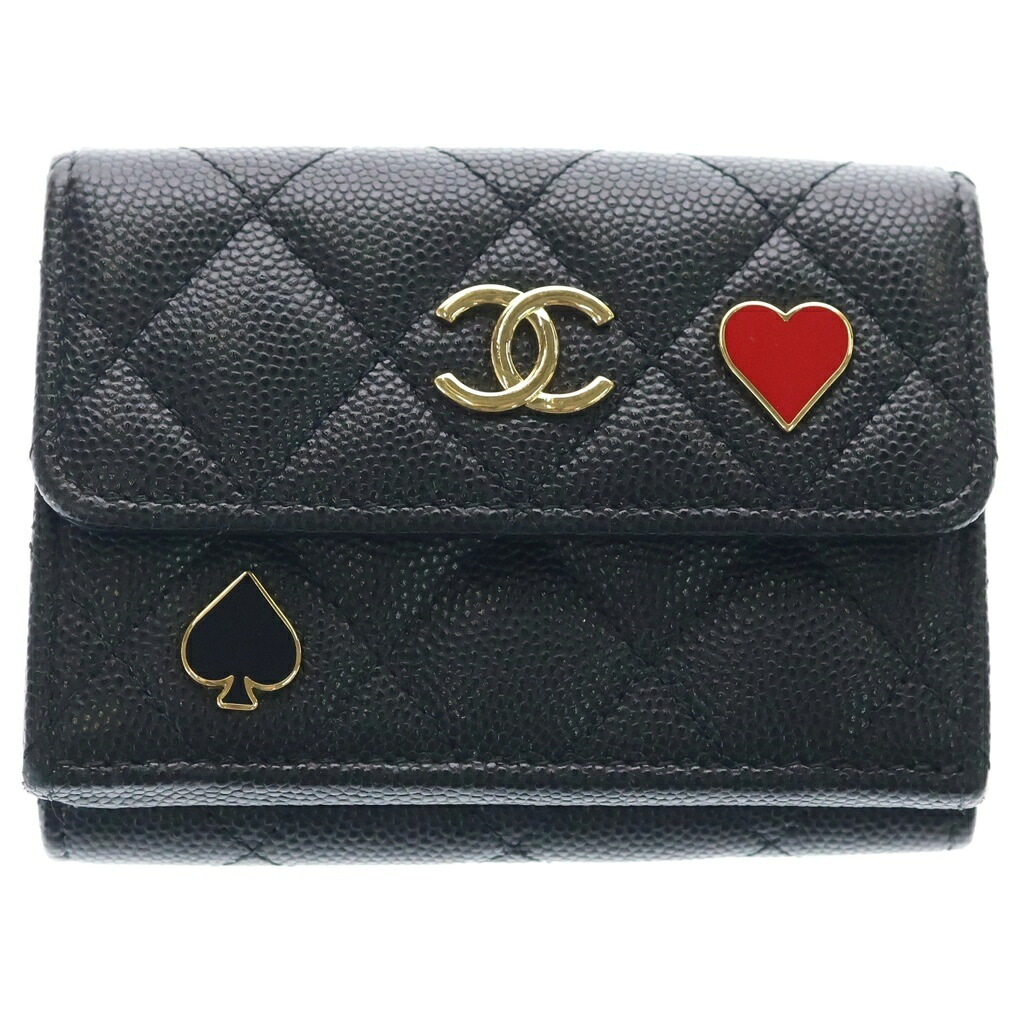 CHANEL(シャネル) マトラッセ ハート形 スペード コンパクトウォレット 三つ折り銭入れ コインケース 黒いこと キャビア人はだ AP3081 ゴールド金具【中古】【座標軸B】【色合い黒いこと】【取りまわしバス発着場BRING：RED新宿東口店】