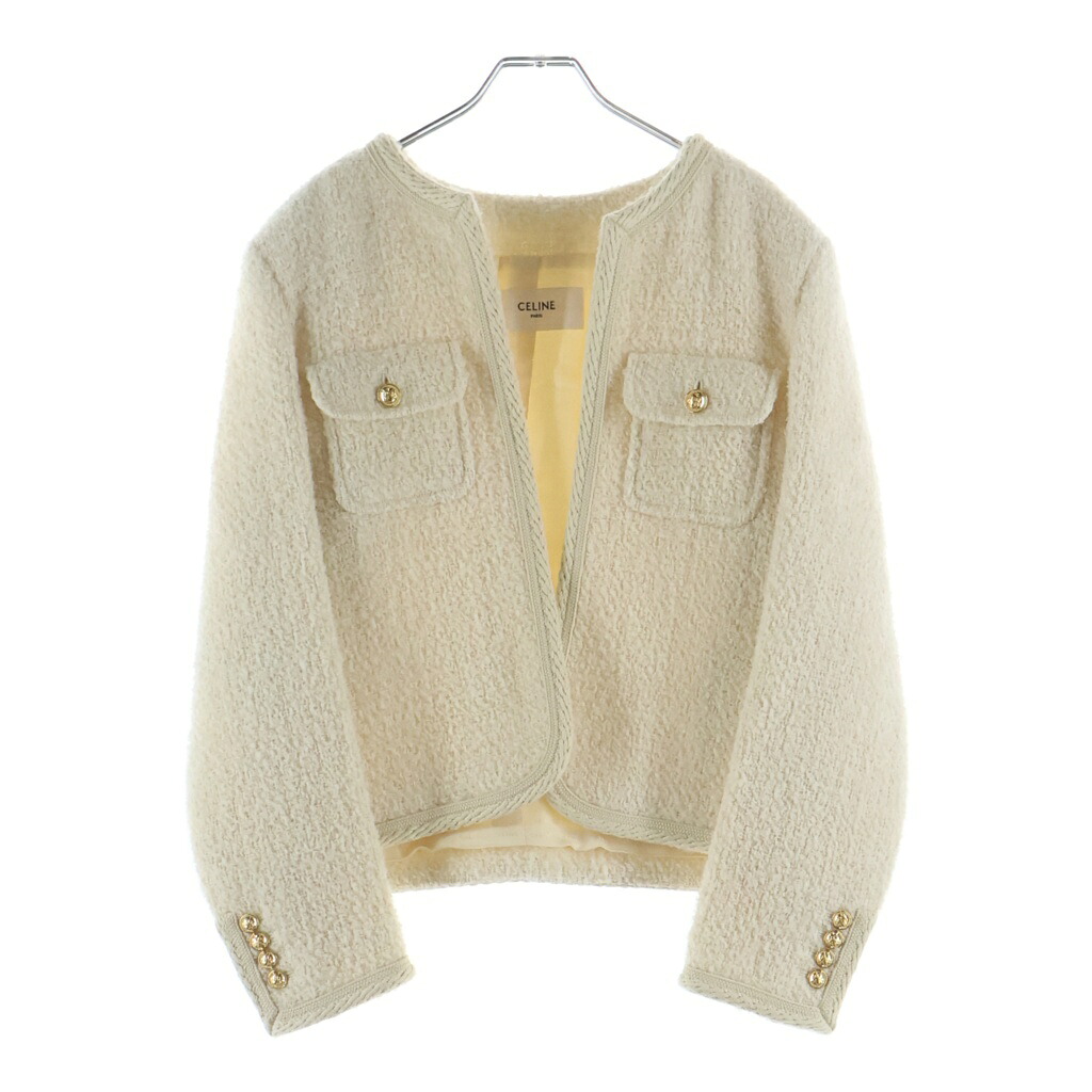 CELINE(セリーヌ) 大きさ:42 HEDI WOOL NO COLLAR JACKET エディ期 ツィード 羊毛 否色つや上衣 象牙色 レディース 2V55Q227V【新古品/中古】【座標軸S】【色つやベージュ】【取りまわしバス発着場新宿】