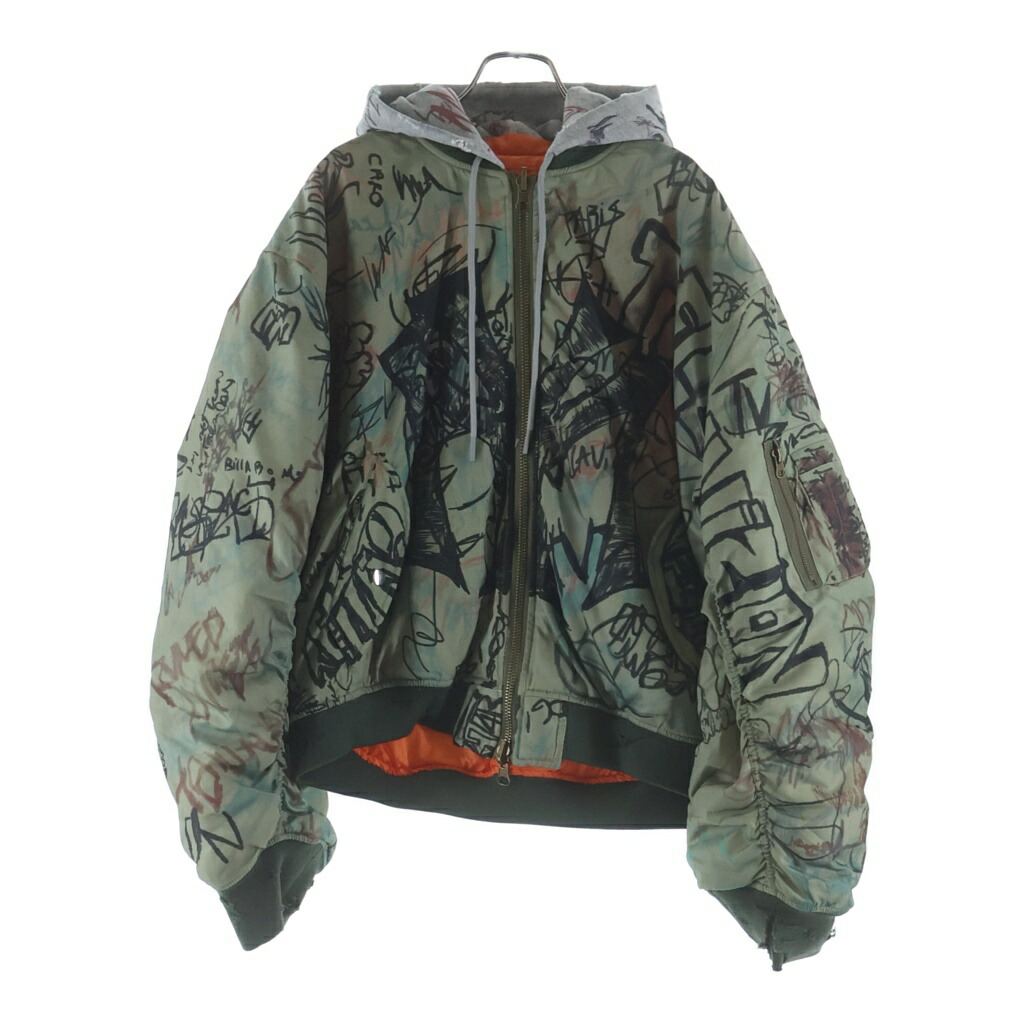 Mowalola(モワローラ) 大きさ:L 25AW GRAFFITI BOMBER JACKET グラフィック ボンバージャケット カーキ【中古】【度合いB】【色つやカーキ】【取りまわしバス発着場BRING渋谷ANNEX店】