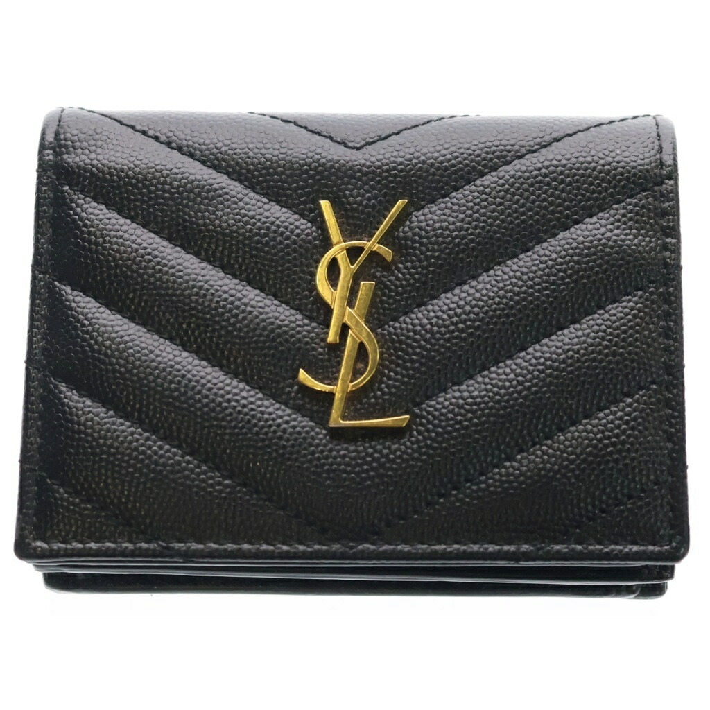 SAINT LAURENT PARIS(サンローランパリ) カサンドラ 二つ折り札入れ コンパクトウォレット コインケース 黒いこと なめし革 ゴールド金具【中古】【座標軸B】【色合い黒いこと】【取りまわしバス発着場BRING廟堂店】