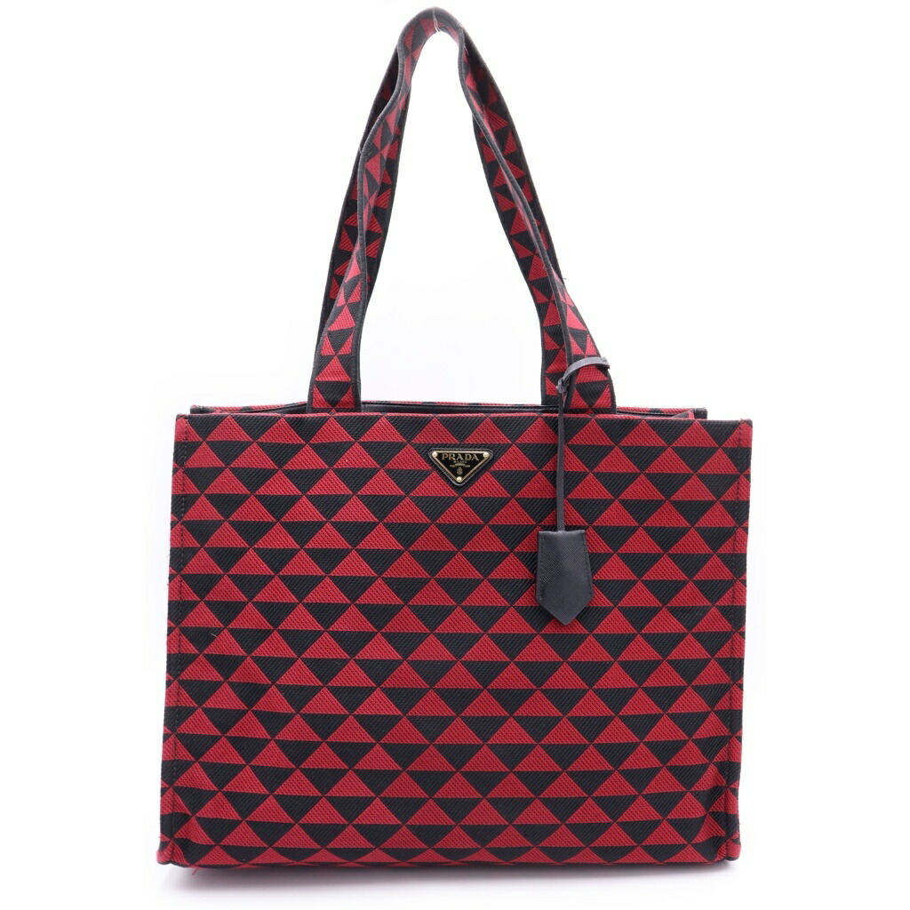 PRADA(プラダ) トライアングルロゴプレート キャンバストートバッグ 赤いこと/黒いこと【中古】【座標軸B】【色合い赤いこと】【取りまわしバス発着場新宿】