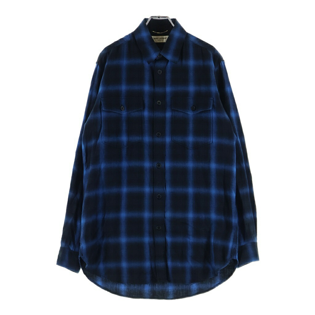 SAINT LAURENT PARIS(サンローランパリ) 大いさ:M 15AW オンブレチェック長袖ティーシャツ ウエスタンティーシャツ 黒いこと/青碧【中古】【座標軸B】【色合い黒いこと】【取りまわしバス発着場新宿】