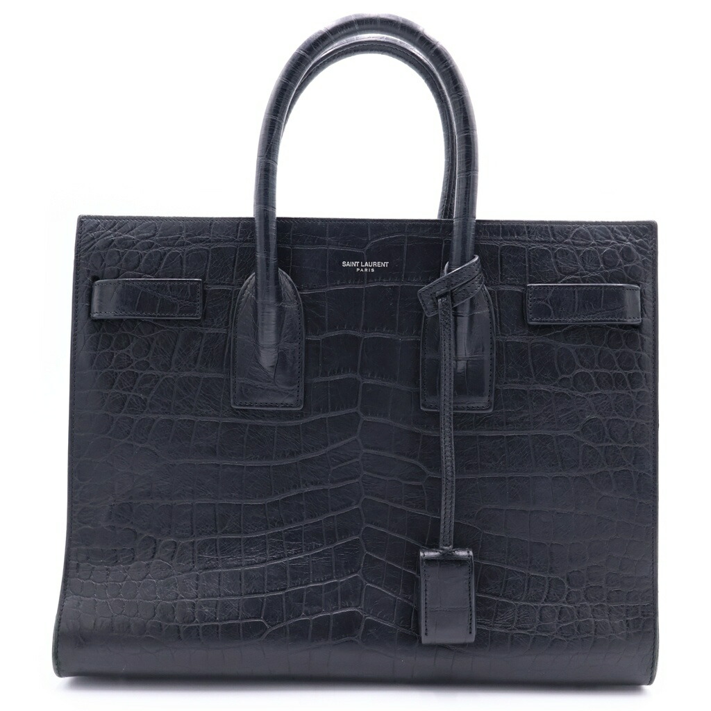 SAINT LAURENT PARIS(サンローランパリ) 型押しクロコ ハンドバッグ 黒いこと なめし革 しろがね色金具【中古】【座標軸B】【色合い黒いこと】【取りまわしバス発着場新宿】