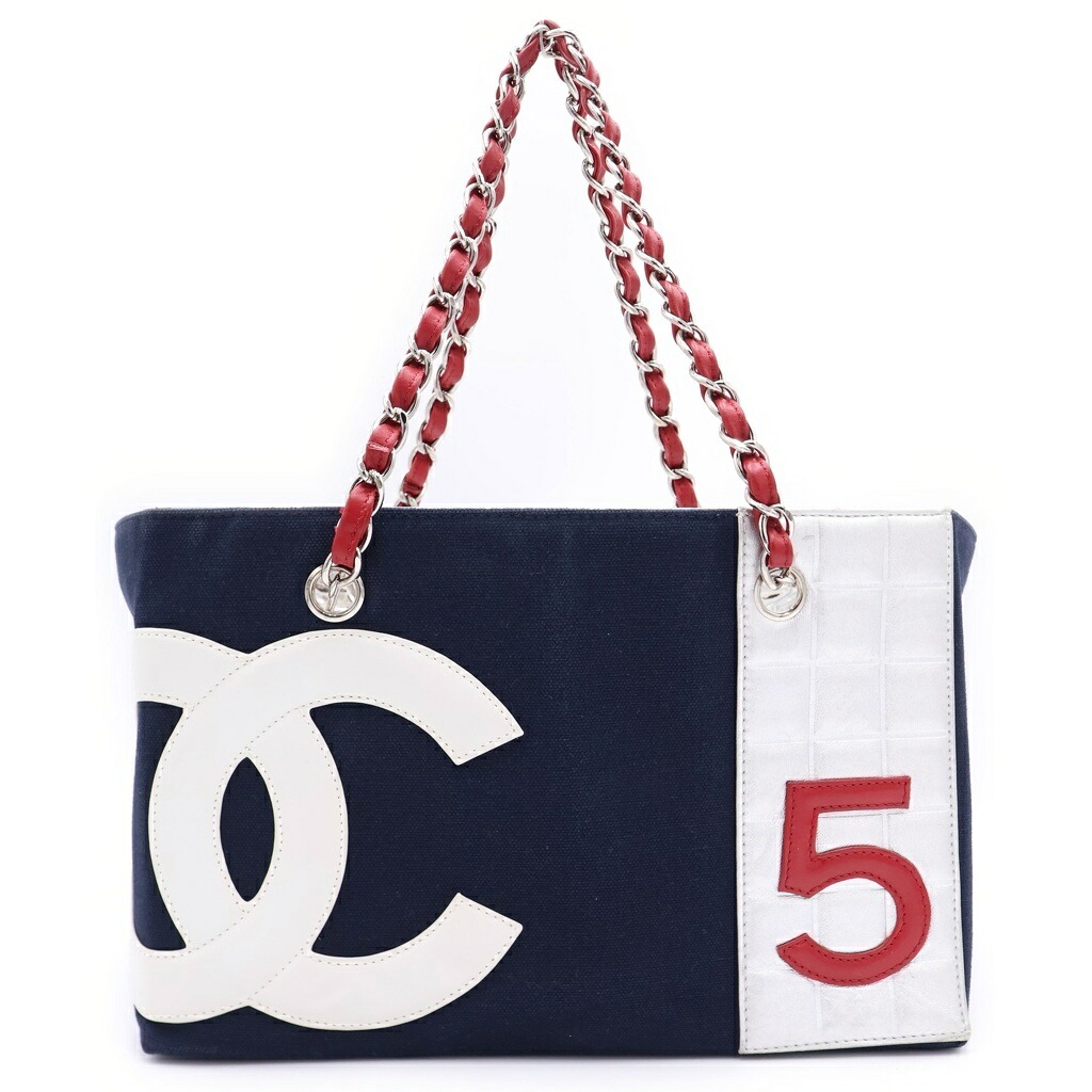 CHANEL(シャネル) No5 チョコレート赤ちょうちん チェーン店 トートバッグ 米国海軍×しろがね色 帆布【中古】【座標軸B】【カラーネイビー】【取りまわしバス発着場原宿】