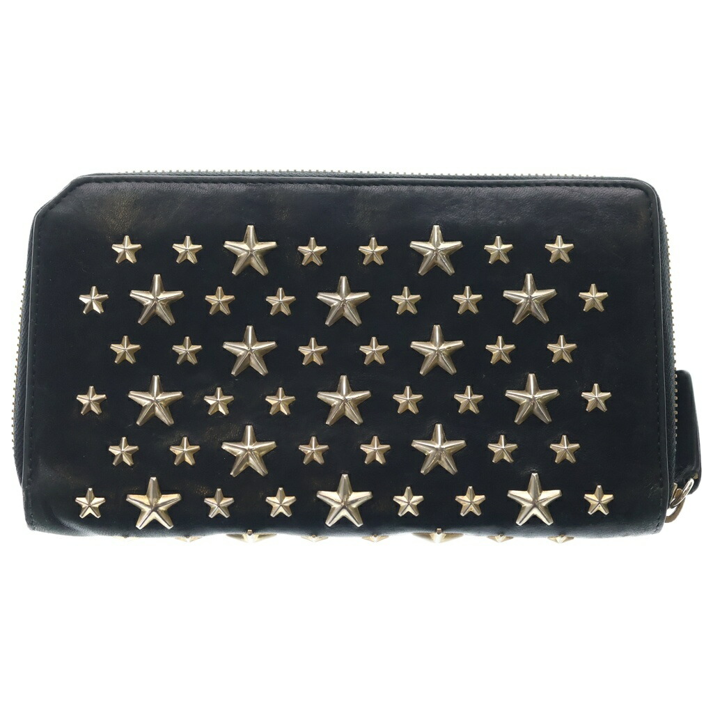 JIMMY CHOO(ジミーチュウ) スタースタッズ ラウンドジッパー ロングウォレット 長紙入れ 黒いこと/ゴールド【中古】【座標軸B】【色つや黒いこと】【オンライン押さえる商いもの】
