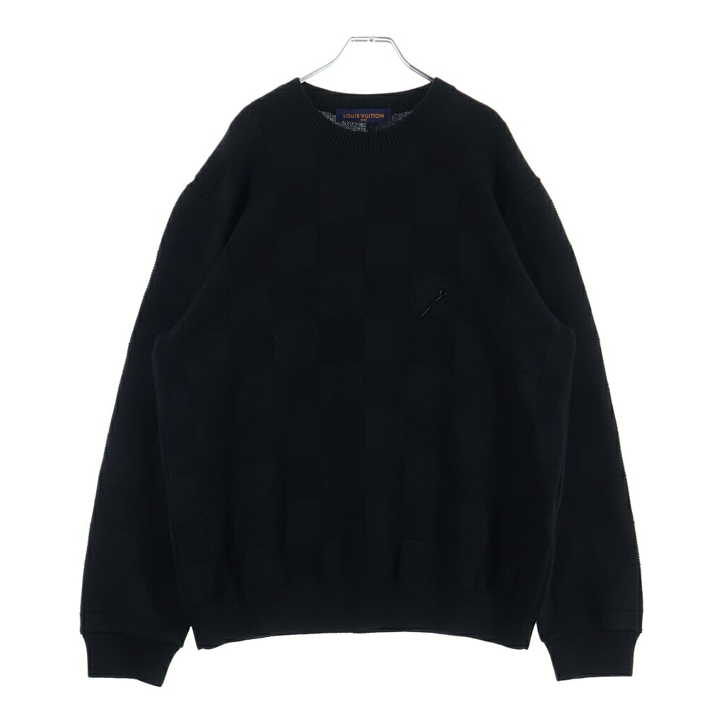 LOUIS VUITTON(ルイヴィトン) 大きさ:XL 22AW ロゴタイプ刺しゅう ダミエステッチ 労働者の一団のど首 ティーシャツ 長袖編み物 スウェーター 黒いこと RM222Q TBY HNN41W【中古】【座標軸B】【色合い黒いこと】【オンライン制限事項商いもの】