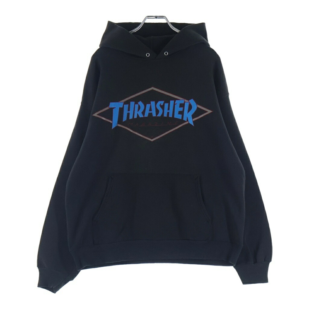 THRASHER(スラッシャー) 大きさ:L 90S PULLOVER PARKA HANES ヴィンテージ ひし形ロゴタイプ 向こう正面刷り上げる プルオーバースウェットパーカー フーディー 黒いこと【中古】【座標軸B】【色合い黒いこと】【取りまわしバス発着場BRING仙台店】