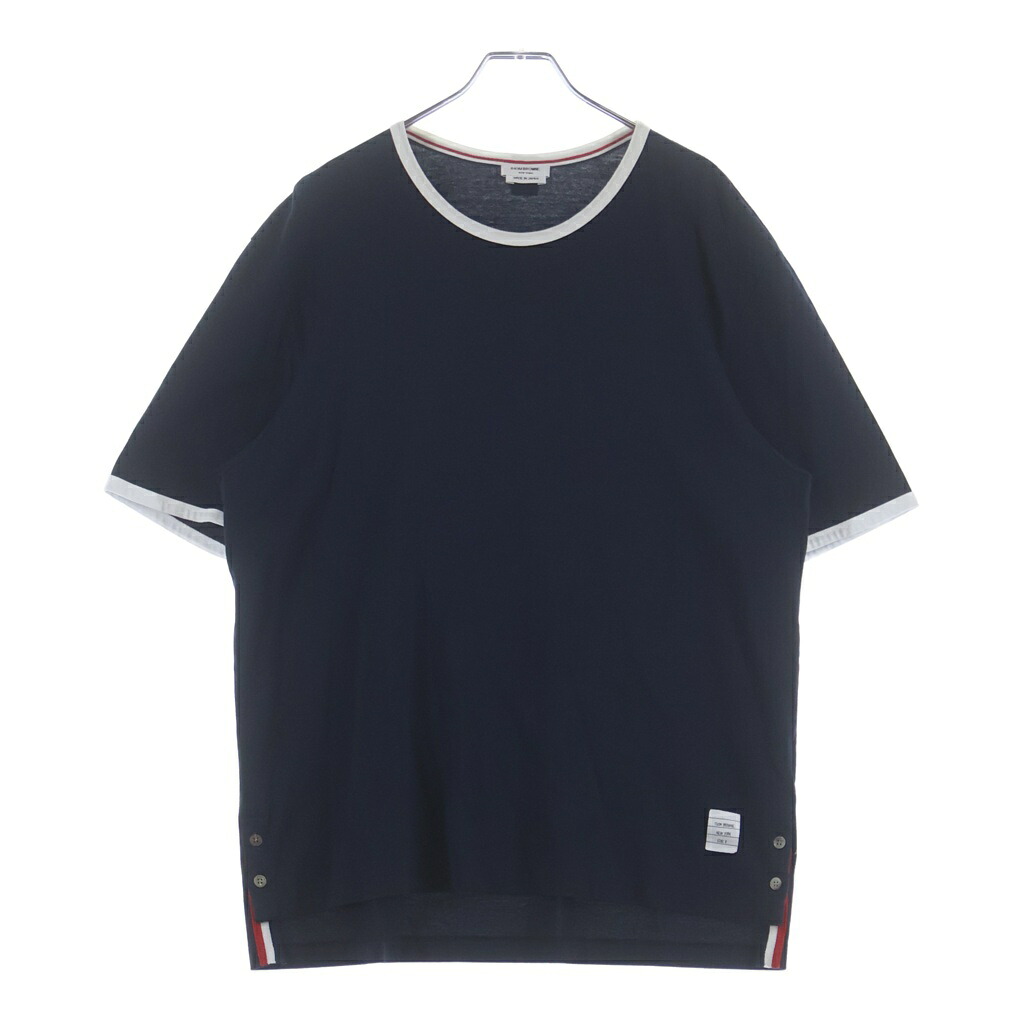 THOM BROWNE(トムブラウン) 大きさ:3 22SS リンガー 片方名取り草 トリコロール 労働者の一団のど首半袖プルオーバーカットソーMJS038A-00042415【中古】【座標軸A】【カラーネイビー】【取りまわしバス発着場新宿】