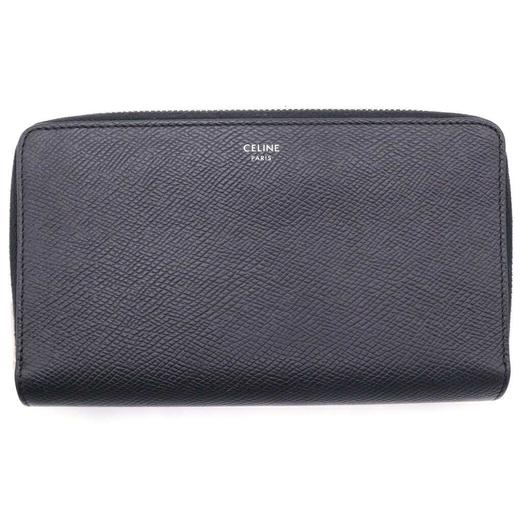 CELINE(セリーヌ) ロゴタイプ ラウンドジッパー なめし革 ロングウォレット 長紙入れ 黒いこと【中古】【座標軸B】【色合い黒いこと】【オンライン押さえる商いもの】