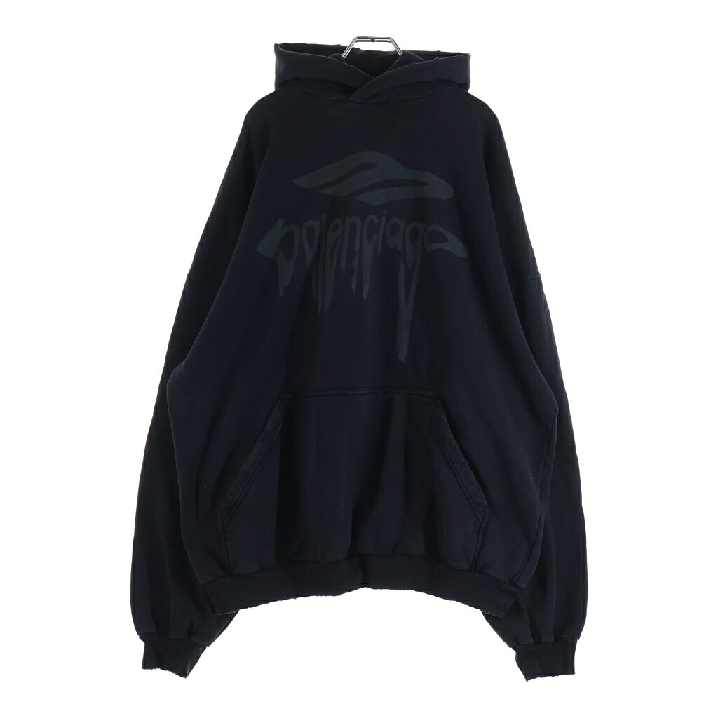 BALENCIAGA(バレンシアガ) サイズ:XS 25SS ダメージ加工ロゴ プルオーバーパーカー ブラック 803265 TRVS9【中古】【程度B】【カラーブラック】【取扱店舗新宿】｜ブランド買取・販売　BRING