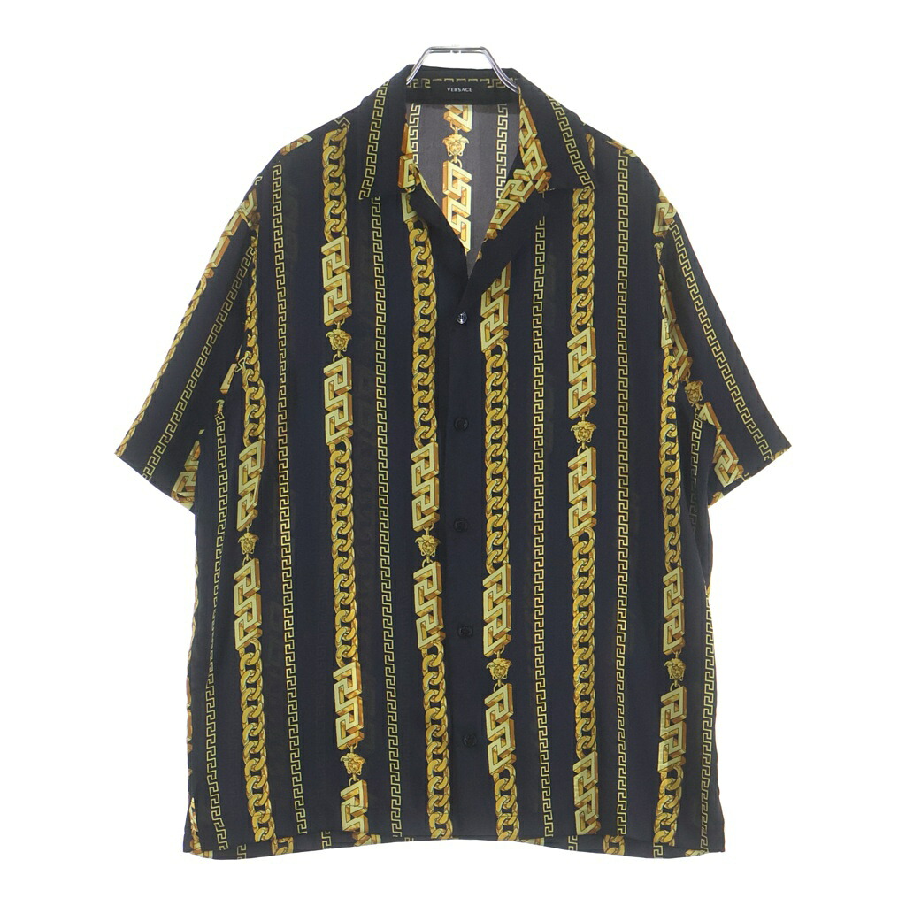 VERSACE(ヴェルサーチ) サイズ:46 Baroque Logo Printed S/S SHIRT バロックロゴプリント 半袖シャツ チェーン ポリエステル ブラック/ゴールド 1005025 1A07626【中古】【程度A】【カラーブラック】【取扱店舗BRING心斎橋店】｜ブランド買取・販売　BRING
