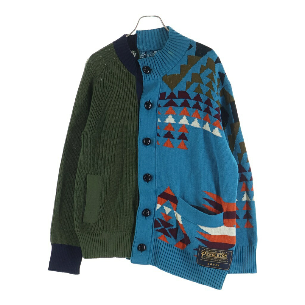 Sacai(サカイ) サイズ:1 19SS ×PENDLETON ペンドルトン ドッキング アシンメトリー カーディガン 19-01886M ブルー/グリーン【中古】【程度B】【カラーブルー】【オンライン限定商品】|ブランド買取・販売 BRING