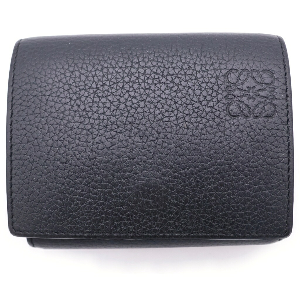 LOEWE(ロエベ) アナ瓦 トライフォールドウォレット コンパクトウォレット 二つ折り紙入れ 黒いこと なめし革 しろがね色金具【中古】【座標軸B】【色合い黒いこと】【オンライン押さえる商いもの】