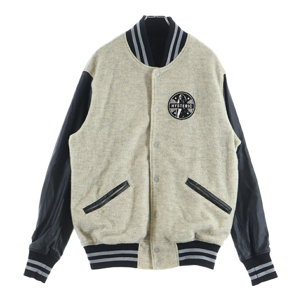 HYSTERIC GLAMOUR(ヒステリックグラマー) サイズ:L 14AW ARM LEATHER STADIUM JACKET アームレザー スタジャン グレー/ブラック 0243CJ01【中古】【程度B】【カラーグレー】【オンライン限定商品】｜ブランド買取・販売　BRING 8,959円