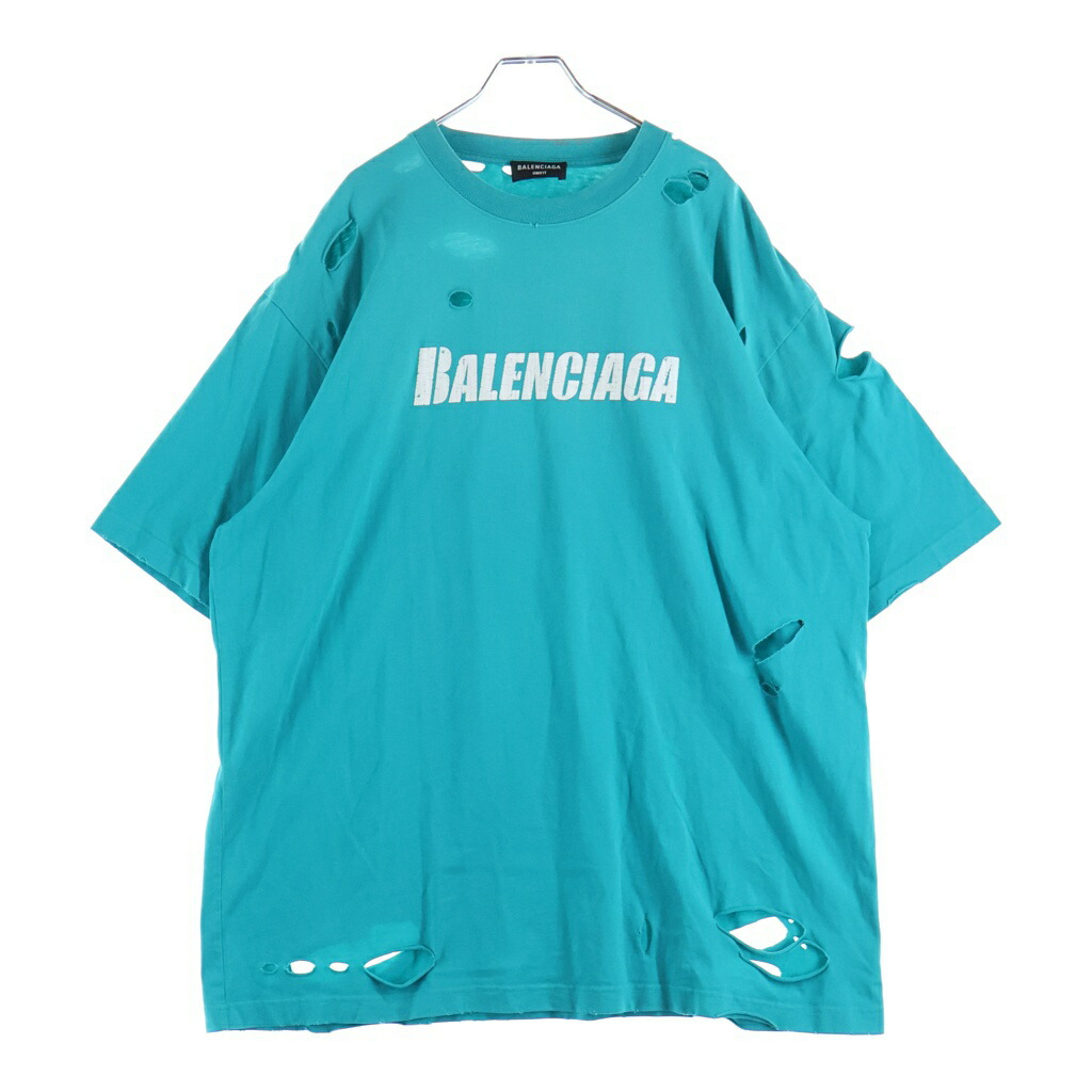 BALENCIAGA(バレンシアガ) サイズ:S 21SS デストロイ加工 ロゴプリント 半袖Tシャツ カットソー ライトブルー 651795【中古】【程度B】【カラーブルー】【取扱店舗BRING渋谷ANNEX店】｜ブランド買取・販売　BRING