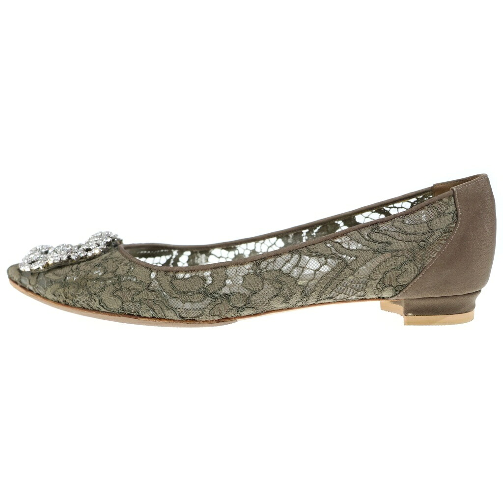 MANOLO BLAHNIK(マノロブラニク) サイズ:39 ハンギシ レース ビジュー装飾バックル フラットシューズ パンプス カーキ レディース【中古】【程度B】【カラーカーキ】【オンライン限定商品】｜ブランド買取・販売　BRING
