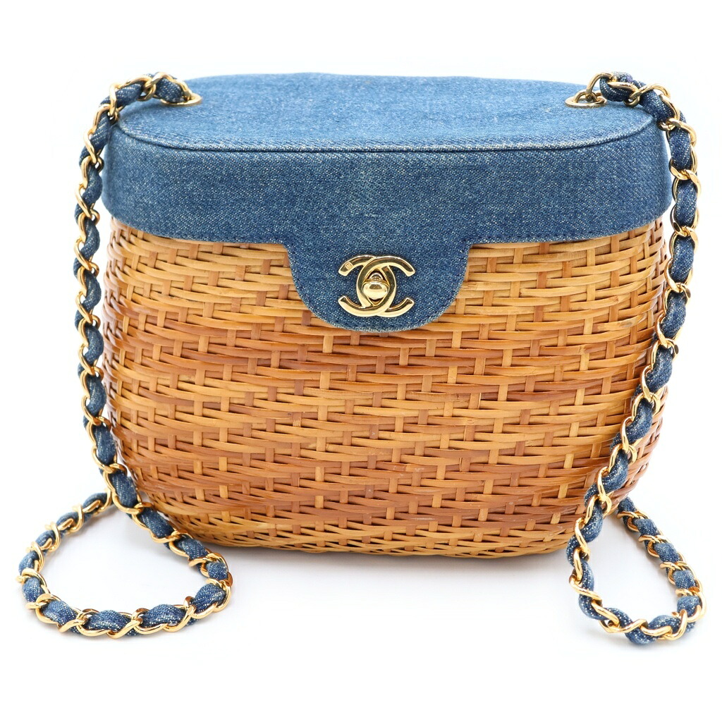 CHANEL(シャネル) ココマーク チェーンカゴバッグ ショルダーバッグ ベージュ×インディゴブルー ストロー×デニム ゴールド金具【中古】【程度B】【カラーブルー】【取扱店舗BRING心斎橋店】|ブランド買取・販売 BRING