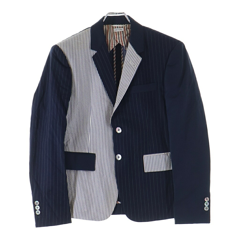 THOM BROWNE(トムブラウン) サイズ:L Patchwork jacket tailored jacket MJC159F00572415/A0161I12570 パッチワーク ストライプ柄 2B テーラードジャケット ネイビー/ホワイト【中古】【程度B】【カラーネイビー】【取扱店舗BRING有楽町マルイ店】｜ブランド買取・販売　BRING