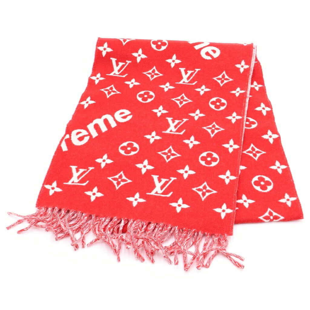LOUIS VUITTON(ルイヴィトン) 17AW &times;Supreme Monogram Scarf カシミヤ混 モノグラム 総柄 フリンジ マフラー ストール ショール スカーフ レッド MP1890【新古品/中古】【程度S】【カラーレッド】【オンライン限定商品】｜ブランド買取・販売　BRING