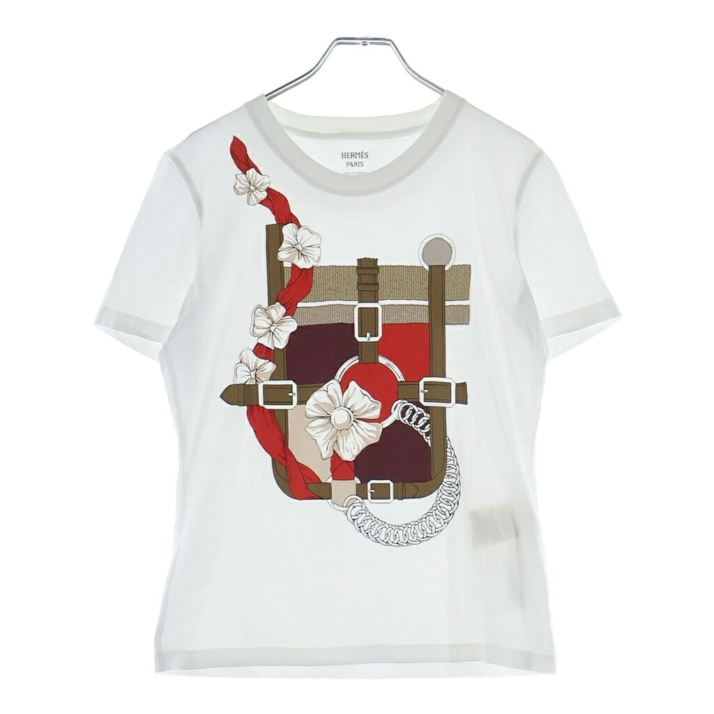 HERMES(エルメス) サイズ:36 カルトゥッシュ グラン マネージュ プリントクルーネック半袖Tシャツカットソー 6E4646DA レディース【中古】【程度B】【カラーホワイト】【取扱店舗BRING福岡天神店】｜ブランド買取・販売　BRING